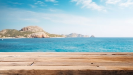 Empty wooden table over blue sea and mountain background, product display montageの素材