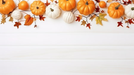 Autumn background with pumpkins and leaves on white wooden table. Top view with copy spaceの素材