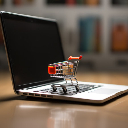 Shopping cart on a laptop. Online shopping concept. Selective focus.の素材
