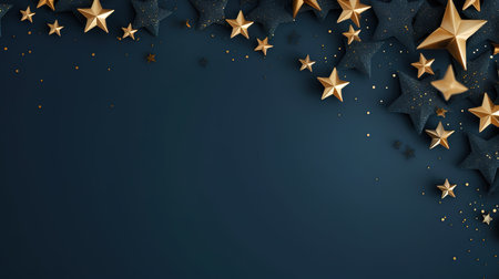 Christmas trees golden stars and beads on a dark wooden backgroundの素材