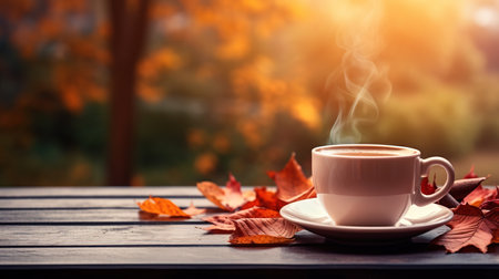 Coffee cup and autumn leaves on wooden table in garden.の素材