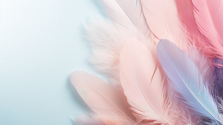 Colorful feathers on blue background, soft pastel colors, copy spaceの素材