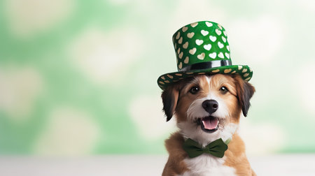 Funny dog in green top hat and bow tie on green backgroundの素材