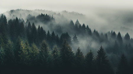 Foggy morning in the coniferous forest. Landscape with fog and trees.の素材