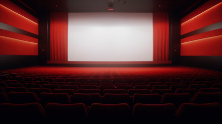 Empty cinema auditorium with red seats and white screen. Cinema backgroundの素材