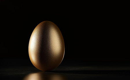 Golden egg on a black background with copy space.の素材