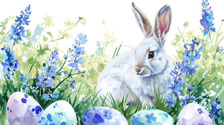 Easter bunny and eggs in the grass. Watercolor illustration.の素材