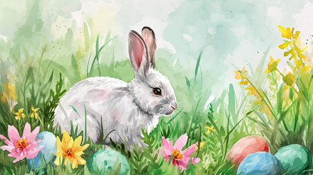 Easter bunny in the grass with colored eggs. watercolorの素材