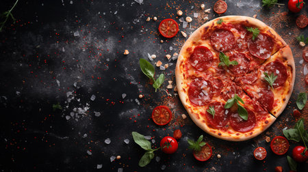 Pepperoni pizza on dark background. Top view with copy spaceの素材