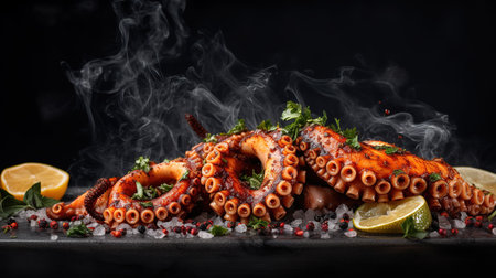 Delicious octopus tentacles with lemon and parsley on black backgroundの素材