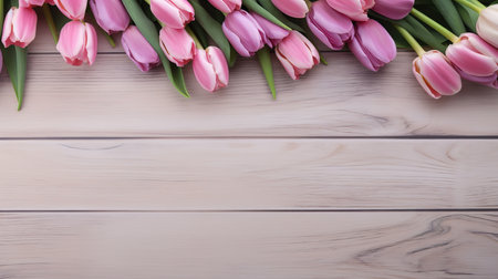 Bouquet of pink tulips on a wooden background. Top viewの素材