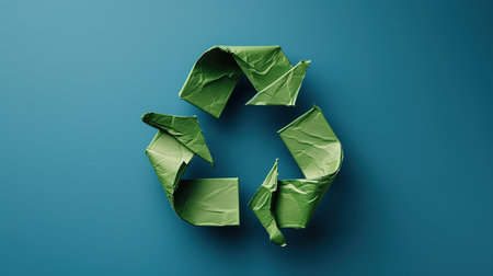 Recycling symbol made of crumpled paper on blue backgroundの素材