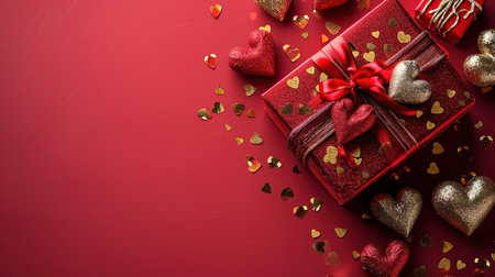Valentine's day background. Red gift box with gold hearts on red background.の素材