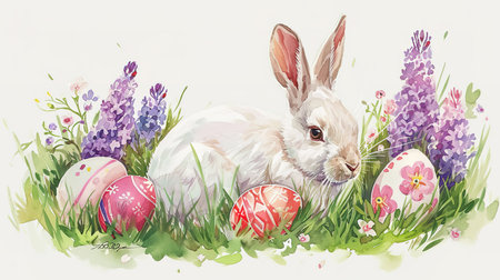 Easter bunny with eggs in the grass. Watercolor illustration.の素材