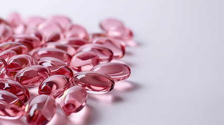 Heap of pink vitamin pills on white background, close-upの素材