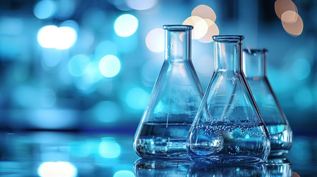 Laboratory glassware with blue bokeh background, science research conceptの素材