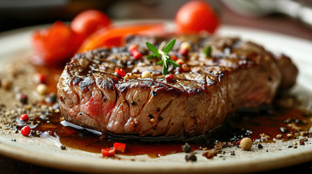Grilled beef steak with spices and vegetables on plate, closeupの素材