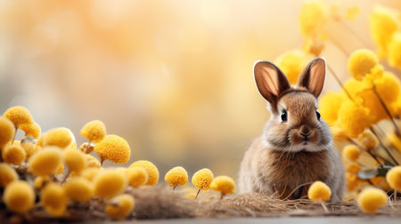 Cute Easter bunny with mimosa flowers on blurred background, closeupの素材