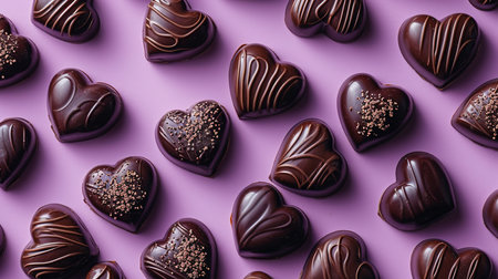 Chocolate hearts on a purple background. Valentine's day concept.の素材
