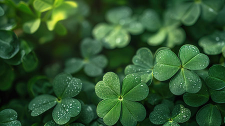 Green clover leaves with water droplets. St. Patrick's Day background.の素材