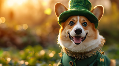 Welsh corgi dog in a green leprechaun costume.の素材