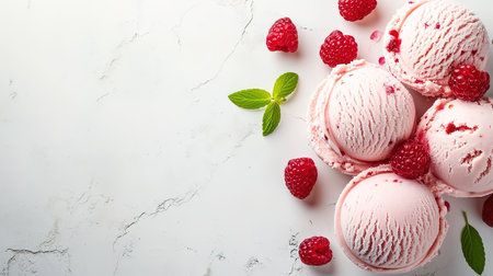 Scoops of raspberry ice cream with fresh raspberries and mint leaves on white marble backgroundの素材