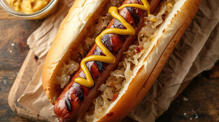 Tasty hot dog with sauerkraut on wooden table, closeupの素材