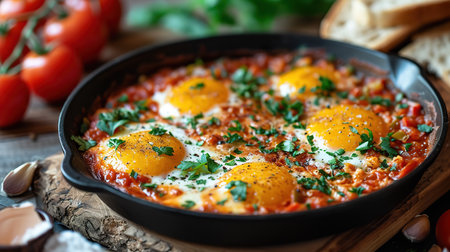 Shakshuka with fried eggs in a frying pan on a wooden backgroundの素材