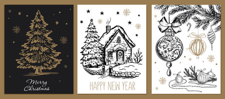 Christmas toy, tree, New Year set, Hand drawn illustrationのイラスト素材