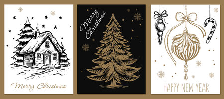 Christmas toy, tree, New Year set, Hand drawn illustrationのイラスト素材
