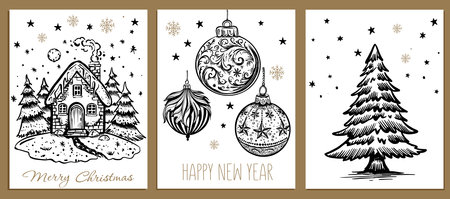 Christmas ball set. Hand drawn illustration.のイラスト素材