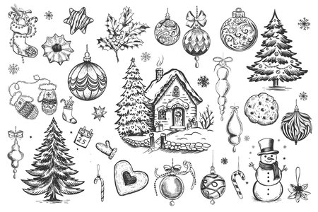 Christmas cookie, tree, ball, set on white, Hand drawn illustrationのイラスト素材