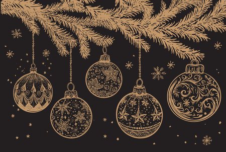 Christmas ball set on black. Hand drawn illustration.のイラスト素材