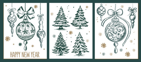 Christmas toy, tree, star, set, Hand drawn illustrationのイラスト素材