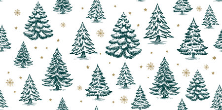 Christmas pattern with tree blue on white, hand drawn illustrationsのイラスト素材
