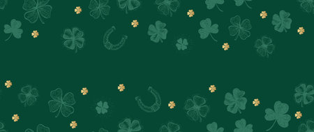 Gold clover pattern on green. Hand drawn illustrations. Patricks Dayのイラスト素材