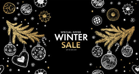 Winter sale, Christmas Cookie and ball set on black, Hand drawn illustration.のイラスト素材