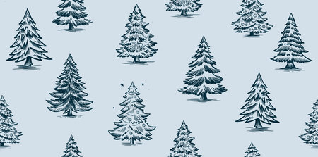 Christmas pattern with tree blue, hand drawn illustrationsのイラスト素材