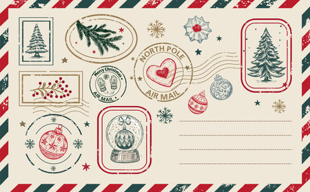 Christmas postcard, card with tree and ball, hand drawn illustration.のイラスト素材