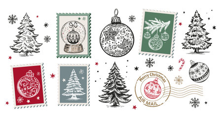 Christmas Stamps, tree, ball, set on white, Hand drawn illustrationのイラスト素材