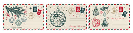 Christmas postcard, card with tree and ball, hand drawn illustration.のイラスト素材