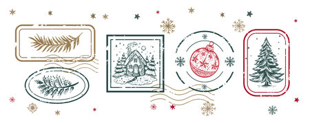 Christmas Stamps, tree, toy, set, Hand drawn illustrationのイラスト素材