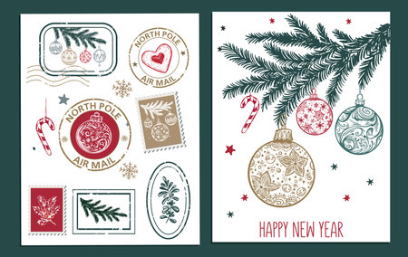 Christmas Stamps, tree, toy, set, Hand drawn illustrationのイラスト素材