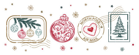 Christmas Stamps, tree, toy, set, Hand drawn illustrationのイラスト素材