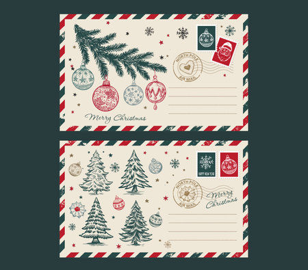 Christmas postcard, card with tree and ball, Festive Stamps Collection, hand drawn illustration.のイラスト素材
