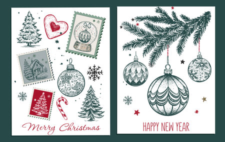 Christmas Stamps, tree, toy, set, Hand drawn illustrationのイラスト素材