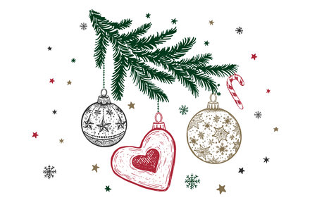 Hand-drawn Christmas Tree Branch with Festive Ornamentsのイラスト素材