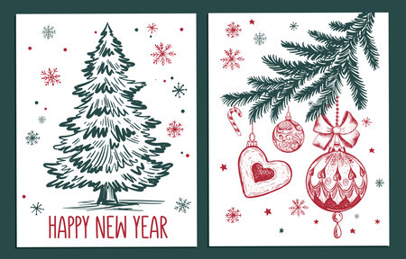 Christmas tree, toy, set, Hand drawn illustrationのイラスト素材