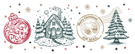 Christmas Stamps, tree, toy, set, Hand drawn illustrationのイラスト素材