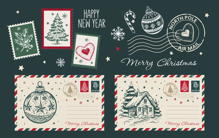 Christmas postcard, card with tree and ball, Festive Stamps Collection, hand drawn illustration.のイラスト素材